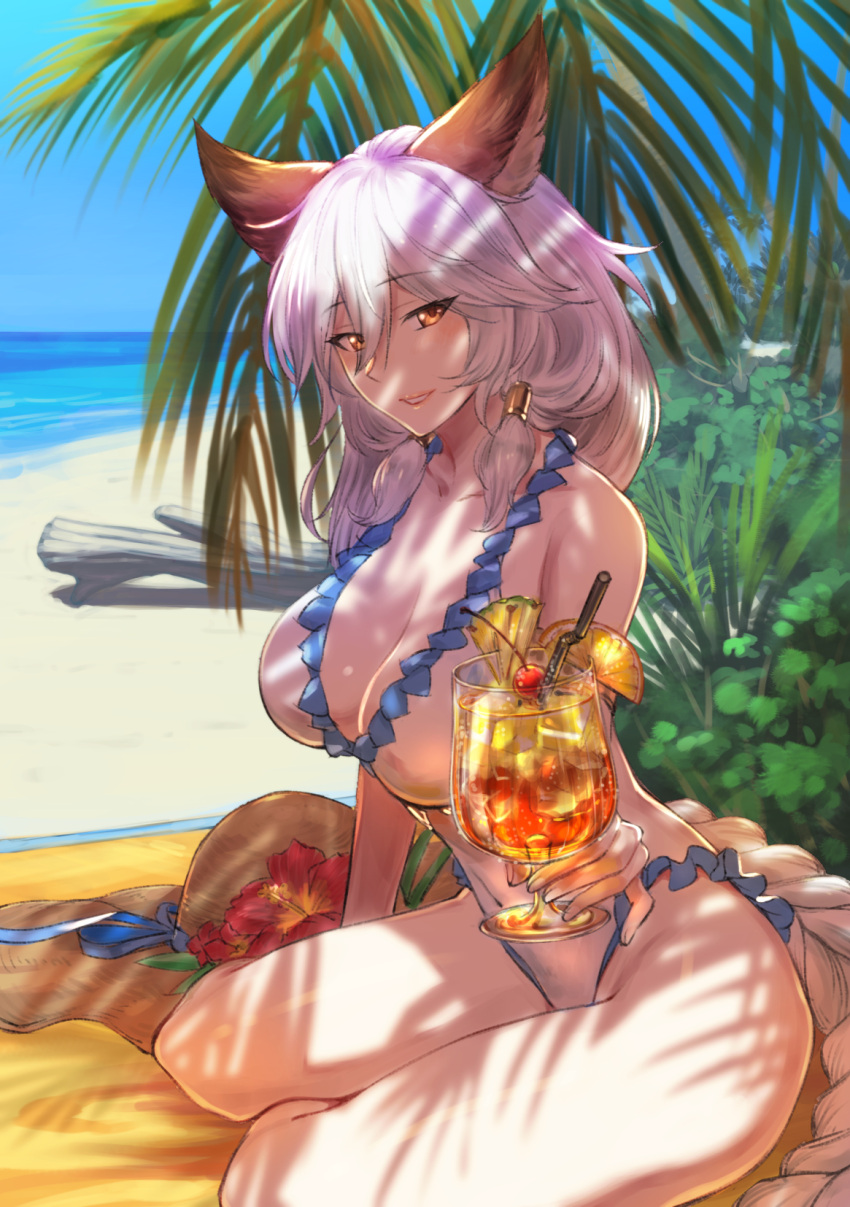 1girl animal_ears beach bendy_straw braid breasts brown_eyes cleavage cup day drink drinking_glass drinking_straw emoshon erun_(granblue_fantasy) flower granblue_fantasy hair_between_eyes hat hat_flower hat_removed headwear_removed heles hibiscus highres holding ice ice_cube large_breasts log long_hair looking_at_viewer ocean one-piece_swimsuit outdoors palm_tree parted_lips silver_hair single_braid sitting smile solo swimsuit tree very_long_hair water white_swimsuit