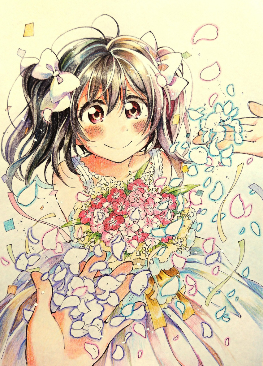 1girl bare_shoulders birthday black_hair blush bouquet bow commentary confetti dress flower hair_ornament highres love_live! love_live!_school_idol_project outstretched_hand petals red_eyes simple_background sleeveless sleeveless_dress smile surufuji traditional_media twintails white_background white_bow white_dress yazawa_nico