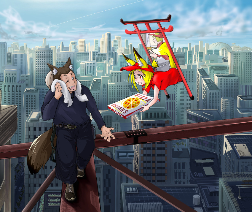 1girl 2boys absurdres animal_ears blonde_hair blush brown_eyes brown_hair city cityscape clouds commentary condensation_trail construction_site construction_worker doitsuken employee_uniform eye_contact fang food fox_ears fox_tail freckles helmet highres leaning_forward looking_at_another looking_to_the_side multiple_boys original pizza pizza_box pizza_delivery reaching_out restaurant short_ponytail sky skyline store_clerk sweat tail torii towel uniform walking wiping_face