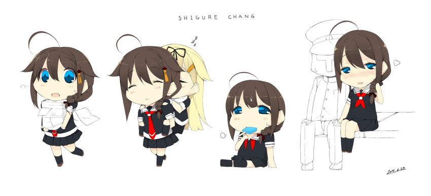 =3 ^_^ admiral_(kantai_collection) ahoge black_blouse black_hair black_legwear black_ribbon blouse blue_eyes blush braid chibi closed_eyes closed_mouth dated eating flying_sweatdrops food food_in_mouth hair_flaps hair_ribbon half-closed_eyes hand_holding heart holding holding_paper kantai_collection kneehighs legs_together military military_uniform mouth_hold multiple_views open_mouth paper paper_stack piggyback pleated_skirt popsicle rayvon remodel_(kantai_collection) ribbon shigure_(kantai_collection) short_sleeves side_braid sidelocks sitting skirt sleeping smile sweatdrop uniform yuudachi_(kantai_collection) zzz
