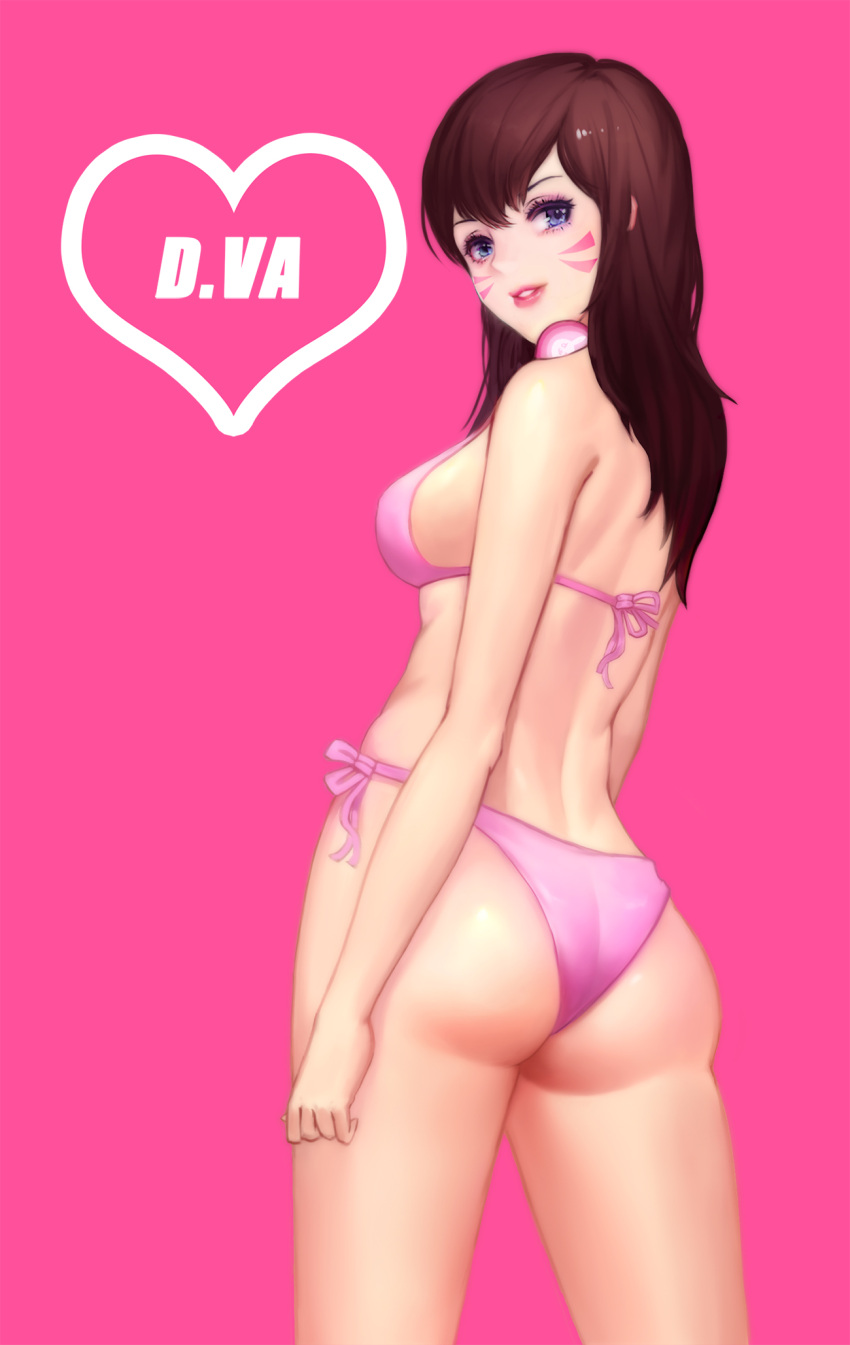 &gt;:3 1girl :3 arms_at_sides ass back bangs bare_arms bare_legs bare_shoulders bikini breasts brown_eyes brown_hair character_name d.va_(overwatch) eyelashes eyeshadow facepaint facial_mark from_behind headphones headphones_around_neck highres legs_apart long_hair looking_at_viewer looking_back makeup mascara medium_breasts overwatch parted_lips pink_background pink_bikini pink_lips side-tie_bikini simple_background smile solo swimsuit teeth whisker_markings wuguno_ziran_juan