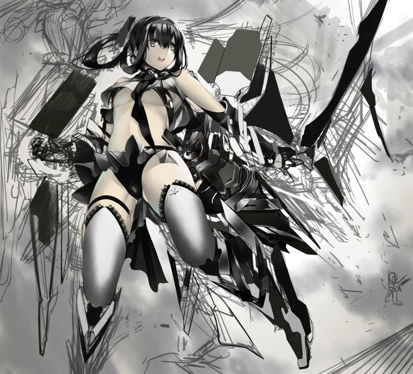 &gt;:o 1girl :o armor armored_boots bangs black_gloves black_hair black_panties boots breasts elbow_gloves eyebrows_visible_through_hair gloves grey_skirt hair_between_eyes hand_up lace lace-trimmed_thighhighs long_hair looking_to_the_side mecha_musume open_mouth original panties pleated_skirt rayvon revealing_clothes science_fiction sidelocks silver_legwear sketch skirt small_breasts solo teeth thigh-highs thighs under_boob underwear