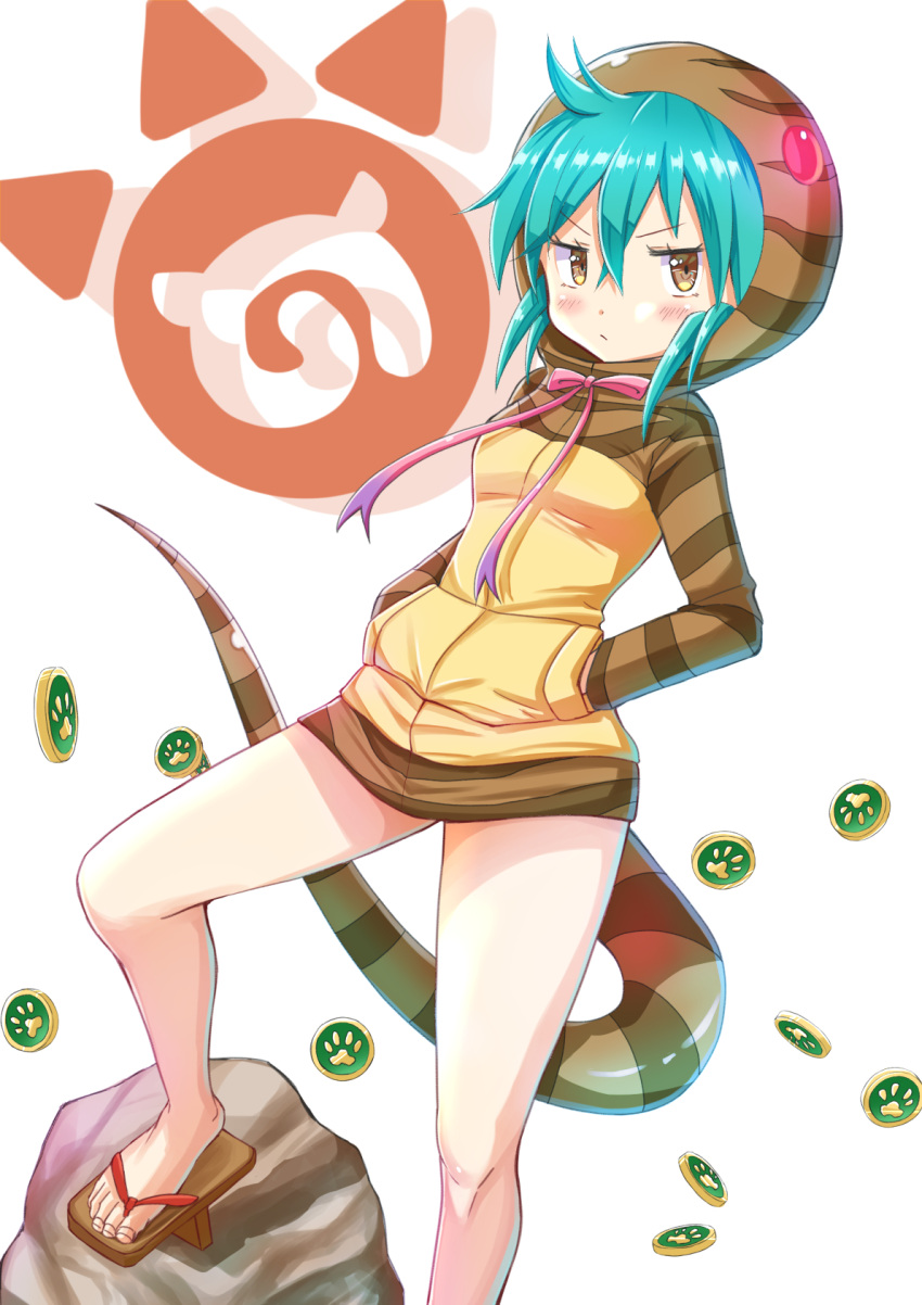 1girl barefoot_sandals blush closed_mouth eyebrows_visible_through_hair green_hair hands_in_pockets highres hood hood_up hoodie kemono_friends looking_at_viewer snake_tail solo tail tenzeru tsuchinoko_(kemono_friends) yellow_eyes
