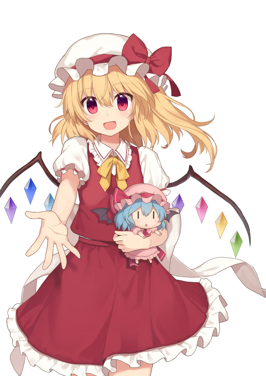 1girl absurdres blonde_hair character_doll flandre_scarlet hat hat_ribbon highres long_hair mob_cap open_mouth puffy_short_sleeves puffy_sleeves reaching_out red_eyes red_ribbon red_skirt remilia_scarlet ribbon short_sleeves simple_background skirt skirt_set smile solo standing touhou vest white_background wings yada_(xxxadaman)