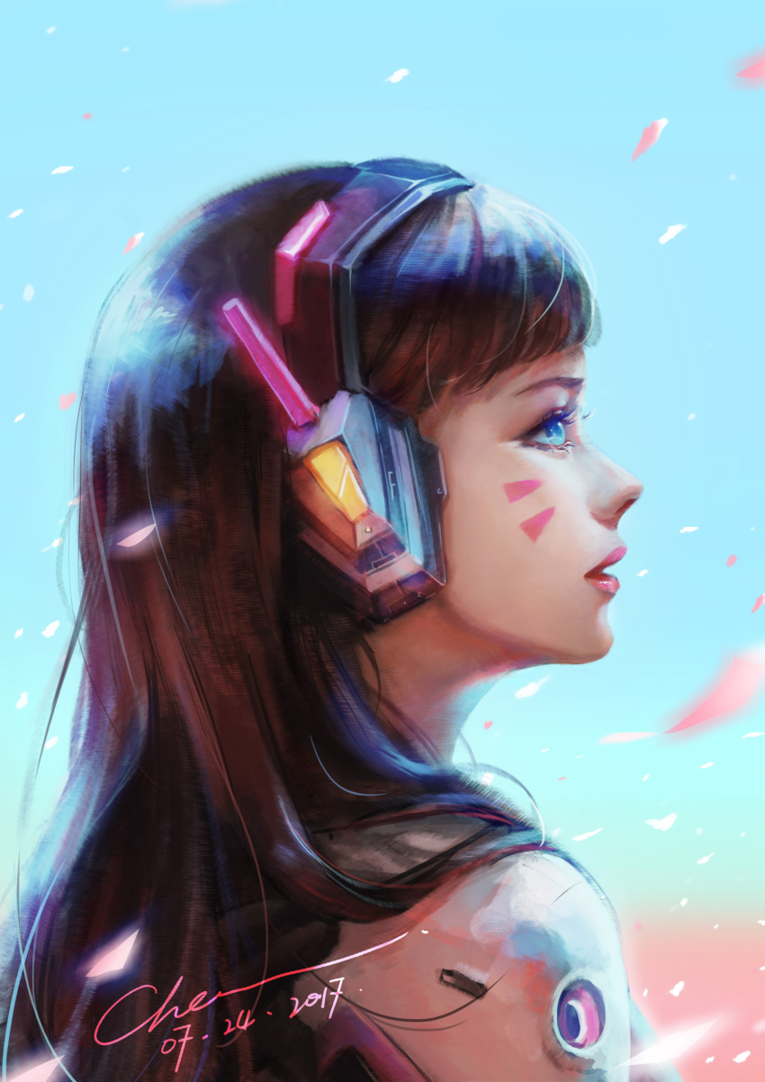 1girl absurdres alternate_eye_color animal_print bangs blue_background blue_bodysuit blue_eyes bodysuit brown_hair bunny_print d.va_(overwatch) dated eyeliner facepaint facial_mark headphones high_collar highres lips long_hair looking_away makeup nose overwatch parted_lips petals pilot_suit pink_lips portrait profile rabbitcamilla ribbed_bodysuit shoulder_pads signature solo swept_bangs whisker_markings