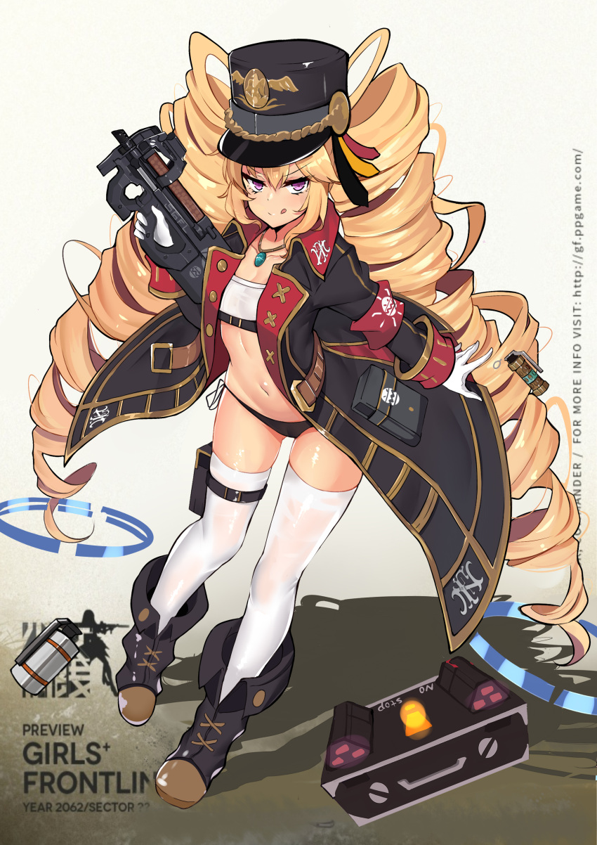 1girl :q absurdres black_bikini_bottom blonde_hair boots breasts bullpup cleavage coat concept_art copyright_name drill_hair girls_frontline gloves gun hat highres holding holding_gun holding_weapon jewelry long_hair military_hat navel necklace original p90 p90_(girls_frontline) slm smile solo submachine_gun thigh-highs tongue tongue_out twin_drills very_long_hair violet_eyes weapon white_gloves white_legwear