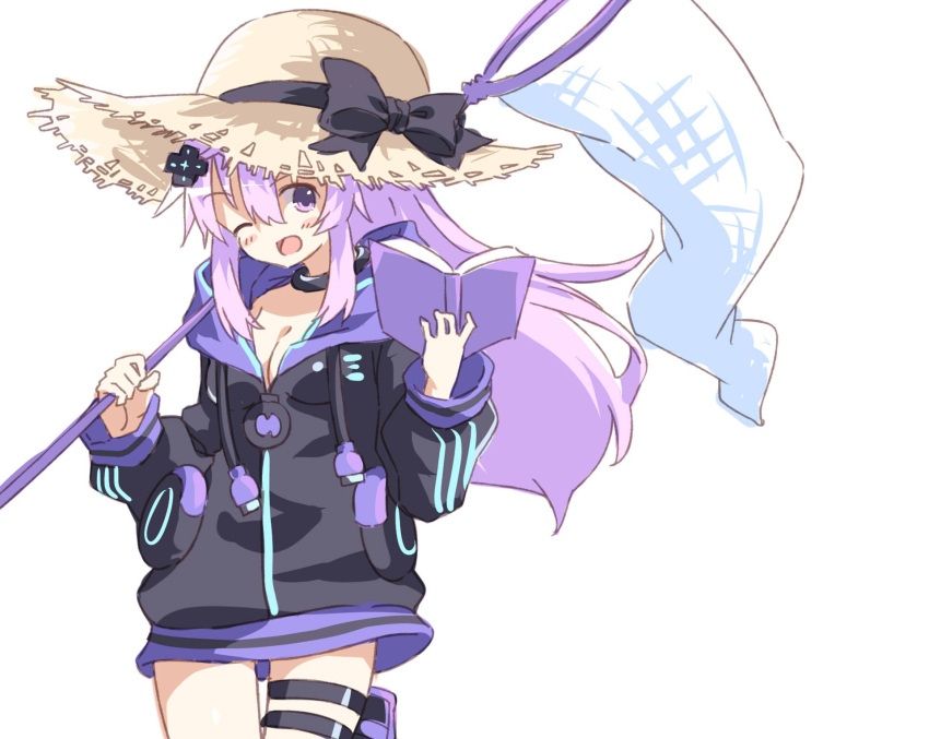 1girl adult_neptune blush breasts butterfly_net cleavage d-pad female hair_ornament hand_net hat highres hood jacket long_hair looking_at_viewer neptune_(series) normaland purple_hair shin_jigen_game_neptune_vii smile solo straw_hat violet_eyes