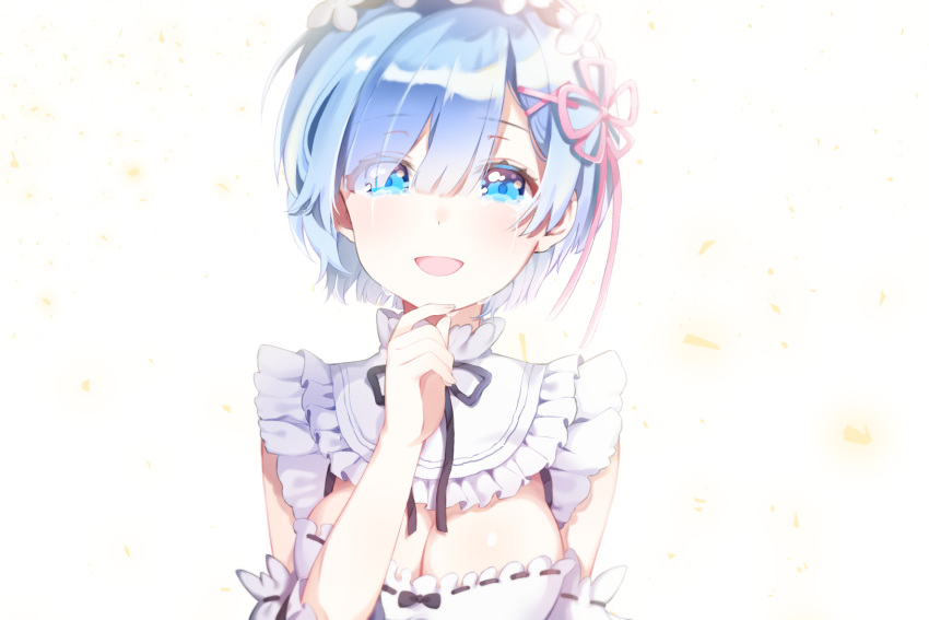 1girl blue_eyes blue_hair blush breasts cleavage crying crying_with_eyes_open eileen_(artist) eyebrows_visible_through_hair hair_ornament highres looking_at_viewer maid_headdress medium_breasts open_mouth re:zero_kara_hajimeru_isekai_seikatsu rem_(re:zero) smile solo tears upper_body x_hair_ornament