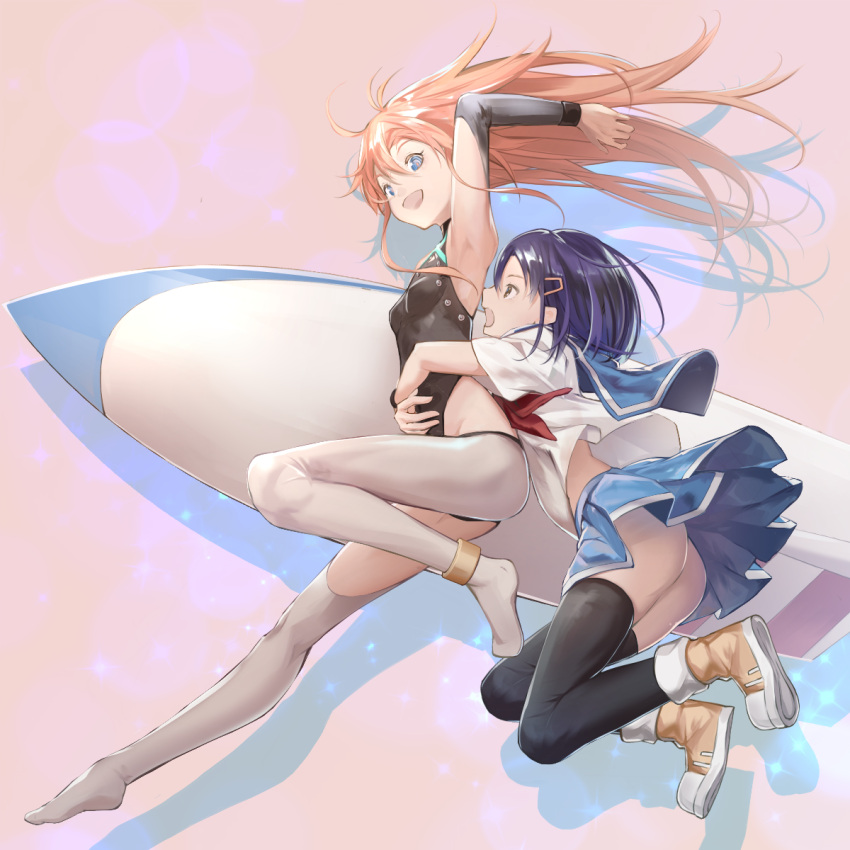 2girls :d ankle_boots anklet arm_up armpits ass bangs bare_shoulders black_legwear black_leotard blue_eyes blue_sailor_collar blue_skirt boots breasts brown_boots commentary_request couple detached_sleeves flip_flappers floating_hair full_body hair_between_eyes hair_ornament hairclip highleg highleg_leotard highres holding holding_surfboard hug hug_from_behind jewelry kokomine_cocona leg_up leotard long_hair looking_at_another miniskirt miya-ki_(miya_key) multiple_girls neckerchief no_panties one_leg_raised open_mouth orange_hair papika_(flip_flappers) purple_hair red_neckerchief sailor_collar school_uniform serafuku shirt short_hair short_sleeves skin_tight skirt sleeveless small_breasts smile surfboard thigh-highs turtleneck upskirt white_legwear white_shirt wind