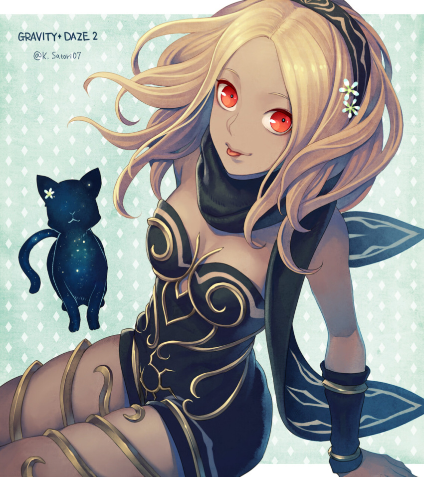 1girl :p bare_shoulders black_scarf blonde_hair bow breasts cat dark_skin flaxvivi gravity_daze gravity_daze_2 hair_bow hair_ornament highres k_satori07 kitten_(gravity_daze) leotard long_hair looking_at_viewer red_eyes scarf sitting strapless strapless_leotard thighs tongue tongue_out vambraces