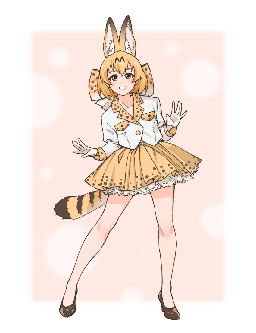 1girl absurdres adapted_costume animal_ears blonde_hair bow commentary_request full_body gloves hair_bow high_heels highres kemono_friends large_bow legs legs_apart long_sleeves looking_at_viewer parted_lips petticoat serval_(kemono_friends) serval_ears serval_tail shirt short_hair skirt smile solo suzushiro_(suzushiro333) tail white_gloves white_shirt yellow_eyes yellow_skirt