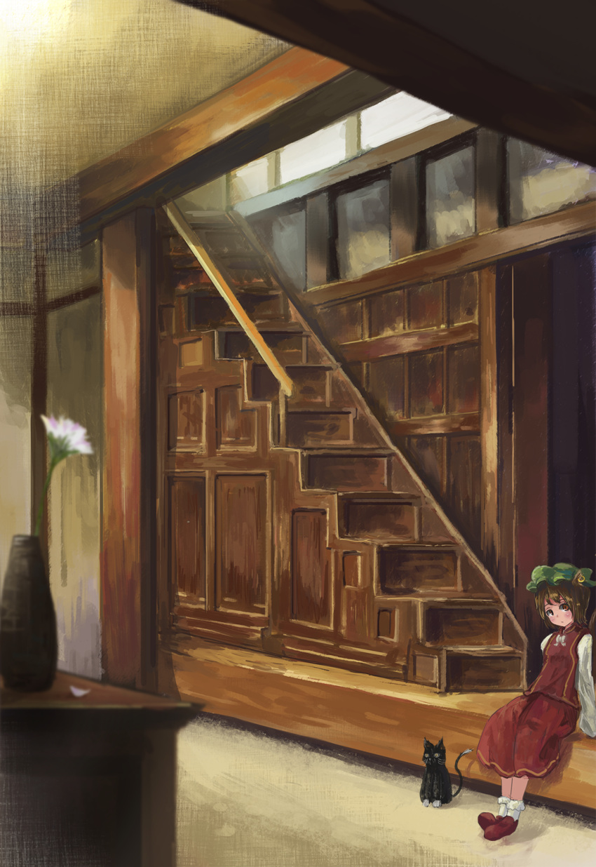 1girl animal_ears arm_support black_cat blurry blush brown_hair cat cat_ears chen depth_of_field earrings faux_traditional_media fjsmu flower hat highres indoors jewelry looking_at_viewer mob_cap scenery short_hair sitting skirt skirt_set solo stairs texture touhou vase