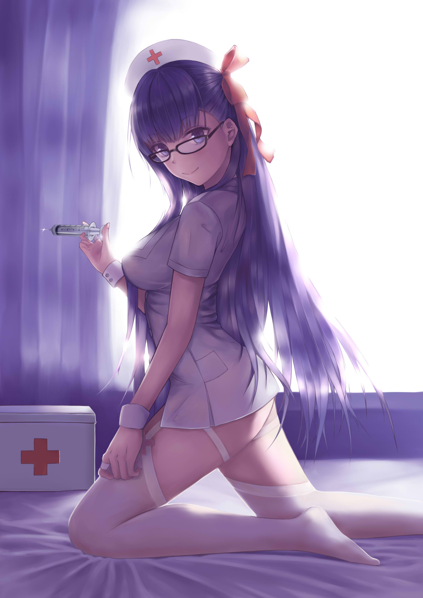 1girl absurdres arm_at_side bangs bb_(fate/extra_ccc) bb_shot! bed bed_sheet black-framed_eyewear blunt_bangs blush breasts buttons closed_mouth curtains dress eyebrows_visible_through_hair fate/extra fate/extra_ccc fate_(series) from_side full_body garter_straps glasses hair_ribbon hand_up hat highres indoors jewelry kneeling large_breasts long_hair looking_at_viewer makeup mascara microdress nurse nurse_cap on_bed pink_lips pocket purple_hair red_cross red_ribbon ribbon ring side_ribbon smile solo suwako_(pixiv9554498) syringe thigh-highs very_long_hair violet_eyes white_dress white_hat white_legwear window