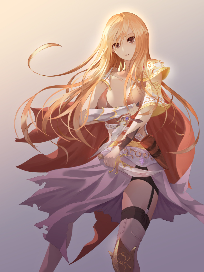 1girl absurdres armor blonde_hair bracer breasts brown_eyes cape cleavage dagger dual_wielding garter_straps gradient gradient_background grey_background highres knife long_hair parted_lips purple_skirt red_cape skirt solo standing thigh-highs weapon yagyun