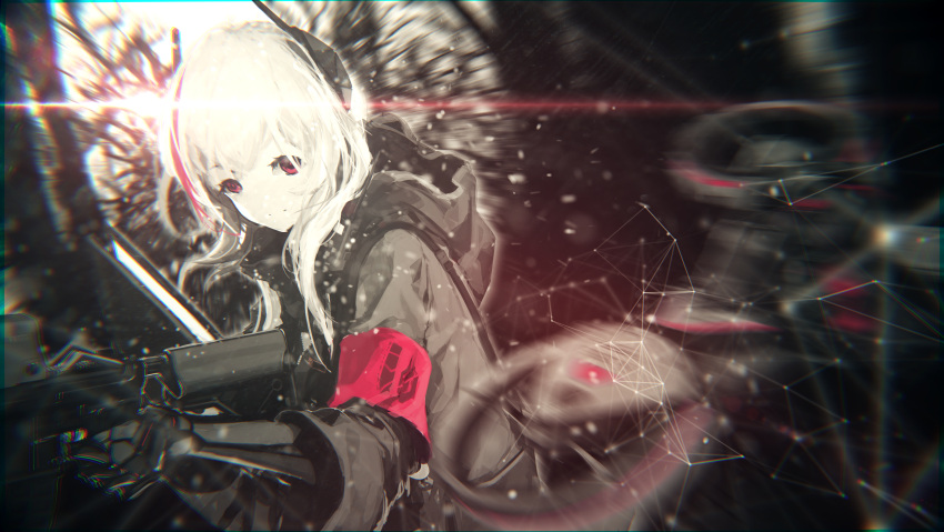 1girl absurdres assault_rifle bangs blurry chromatic_aberration closed_mouth depth_of_field dutch_angle eotech girls_frontline gun highres holding holding_gun holding_weapon hood hooded_jacket jacket lens_flare long_hair looking_at_viewer m4_carbine m4_sopmod_ii_(girls_frontline) mienthoa military military_uniform multicolored_hair purple_hair rifle solo streaked_hair uniform violet_eyes weapon white_hair
