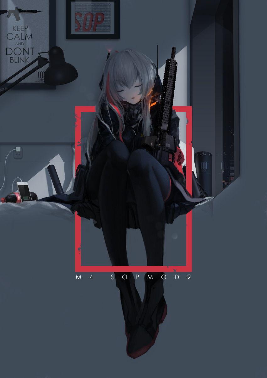 1girl absurdres assault_rifle bangs black_legwear cellphone character_name closed_eyes fangs girls_frontline grey_hair gun highres holding holding_gun holding_weapon indoors iphone jacket lamp legs_together long_hair m4_carbine m4_sopmod_ii_(girls_frontline) mienthoa military military_uniform multicolored_hair night on_bed open_mouth pantyhose phone poster_(object) purple_hair rifle sidelocks sitting sleeping smartphone solo streaked_hair uniform weapon window