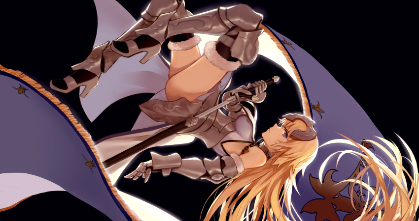 1girl absurdres armor armored_boots bangs black_legwear blonde_hair blue_eyes boots breasts closed_mouth fate/apocrypha fate_(series) faulds floating_hair from_side fur-trimmed_legwear fur_trim gauntlets headpiece high_heel_boots high_heels highres holding holding_sword holding_weapon long_hair looking_at_viewer lying medium_breasts on_side profile ruler_(fate/apocrypha) sheath simple_background solo standard_bearer sword thigh-highs thighs unsheathing upside-down very_long_hair weapon wu_lun_wujin