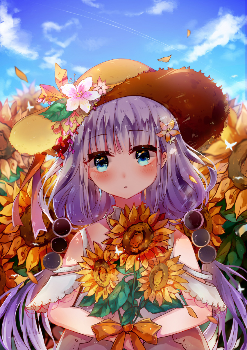 1girl blue_eyes blue_sky blurry clouds cloudy_sky day depth_of_field flower hair_bobbles hair_flower hair_ornament hat highres holding kanna_kamui kobayashi-san_chi_no_maidragon looking_at_viewer low_twintails milktower parted_lips petals purple_hair sky solo straw_hat summer sunflower twintails