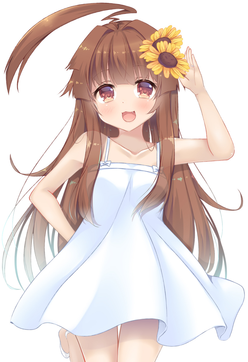 1girl :3 :d ahoge alternate_costume brown_eyes brown_hair casual collarbone commentary_request dress fang flower highres jewelry kantai_collection kuma_(kantai_collection) looking_at_viewer open_mouth ring simple_background smile solo spaghetti_strap standing standing_on_one_leg sunflower wedding_band white_background white_dress yukina_(black0312)