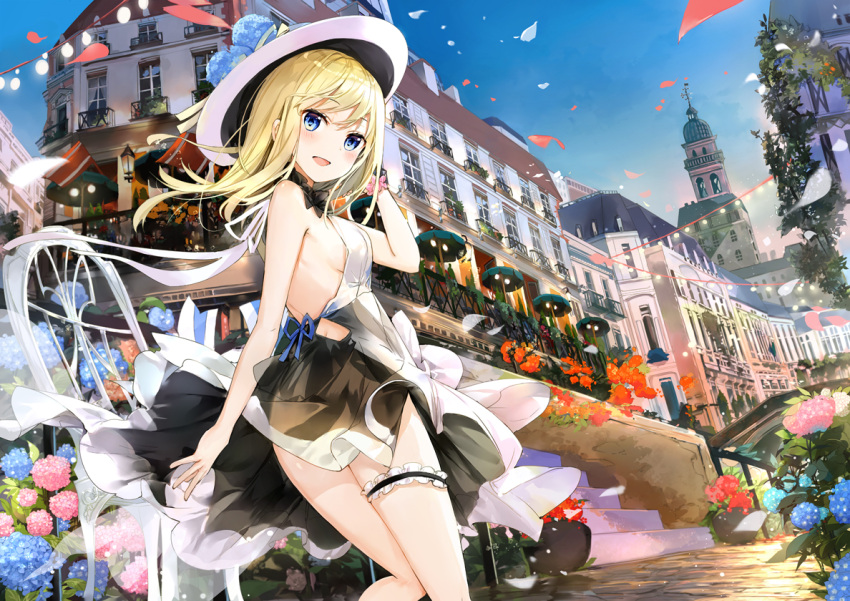 1girl bangs black_dress blonde_hair blue_eyes blush breasts city day dress eyebrows_visible_through_hair floating_hair fuumi_(radial_engine) hat leg_garter long_hair looking_at_viewer looking_back medium_breasts open-back_dress open_mouth original outdoors petals sideboob smile solo stairs sun_hat thighs
