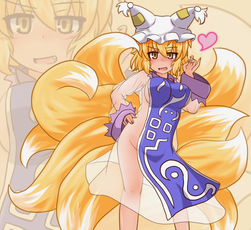 1girl blonde_hair breasts dress fox_shadow_puppet fox_tail frills hand_gesture hat highres kitsune ko_kage kyuubi large_breasts looking_at_viewer mob_cap multiple_tails open_mouth pillow_hat see-through smile solo tabard tail touhou yakumo_ran yellow_eyes zoom_layer