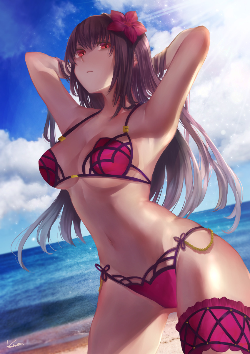 1girl absurdres arms_behind_head arms_up breasts brown_hair cleavage closed_mouth fate/grand_order fate_(series) flower hair_flower hair_ornament highres karinto_yamada large_breasts long_hair looking_at_viewer navel red_eyes scathach_(fate/grand_order) scathach_(swimsuit_assassin)_(fate) solo swimsuit