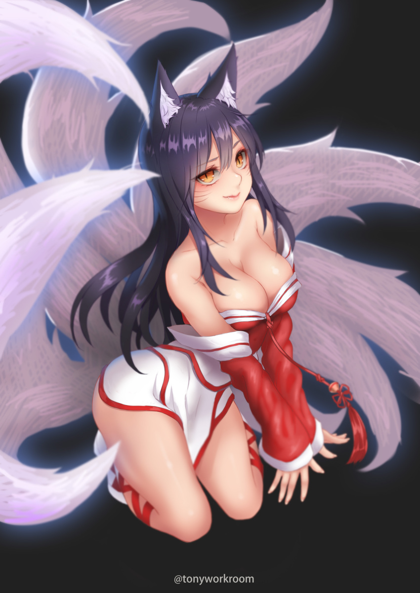 1girl absurdres ahri all_fours animal_ears bare_shoulders black_hair breasts cleavage collarbone detached_sleeves facial_mark fingernails fox_ears fox_tail highres korean_clothes large_breasts league_of_legends lips long_hair looking_at_viewer multiple_tails slit_pupils solo tail whisker_markings yellow_eyes zhaofeng_yinyue