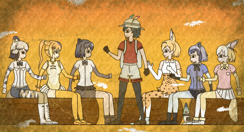african_wild_dog_(kemono_friends) african_wild_dog_ears african_wild_dog_tail animal_ears anklet backpack bag bangle bare_shoulders bear_ears beige_hair beige_shirt bike_shorts black_bow black_bowtie black_eyes black_gloves black_hair black_legwear black_shoes black_shorts black_skirt blonde_hair blue_shirt boots bow bowtie bracelet breast_pocket breasts brown_bear_(kemono_friends) brown_boots brown_gloves brown_hair brown_shoes bucket_hat circlet clenched_hand clenched_hands closed_mouth collared_shirt commentary_request common_raccoon_(kemono_friends) crack egyptian_art elbow_gloves fennec_(kemono_friends) fingerless_gloves fox_ears fox_tail from_side full_body fur_collar fur_trim gloves golden_snub-nosed_monkey_(kemono_friends) grey_hair hat hat_feather high-waist_skirt high_ponytail highres holding holding_staff jewelry kaban_(kemono_friends) kemono_friends kita_(7kita) legs_apart leotard log long_hair long_sleeves lucky_beast_(kemono_friends) medium_breasts microskirt monkey_ears monkey_tail multicolored_hair orange_shoes pantyhose pink_sweater pleated_skirt pocket profile puffy_short_sleeves puffy_sleeves raccoon_ears raccoon_tail red_shirt serval_(kemono_friends) serval_ears serval_print serval_tail shirt shoes short_hair short_sleeves shorts sitting skirt sleeveless sleeveless_shirt socks staff standing striped_tail sweater tail thigh-highs two-tone_hair white_boots white_hair white_shirt white_shoes white_shorts wing_collar yellow_background yellow_bow yellow_gloves yellow_legwear yellow_skirt