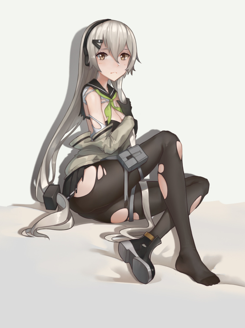 1girl bangs black_legwear blush breasts cleavage closed_mouth frown girls_frontline grey_hair hair_between_eyes hand_on_own_chest hand_up headphones highres holster jacket jiachong_jun_z long_hair looking_at_viewer medium_breasts mg4_(girls_frontline) pantyhose pout sailor_collar shoes silver_hair single_shoe sitting skindentation solo thigh_holster thighs torn_clothes torn_pantyhose very_long_hair