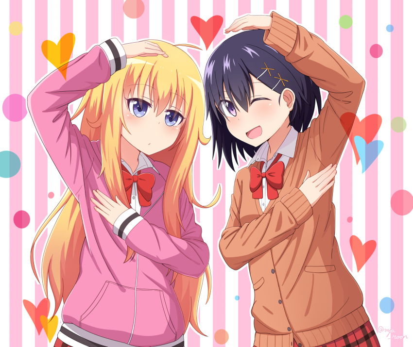 2girls ahoge arm_up black_hair blonde_hair blue_eyes blush bow bowtie cardigan dotted_background expressionless gabriel_dropout hair_ornament heart heart_arms_duo highres hood hoodie long_hair long_sleeves messy_hair multiple_girls nyaroon one_eye_closed open_mouth pink_cardigan school_uniform smile striped striped_background tenma_gabriel_white tsukinose_vignette_april violet_eyes x_hair_ornament
