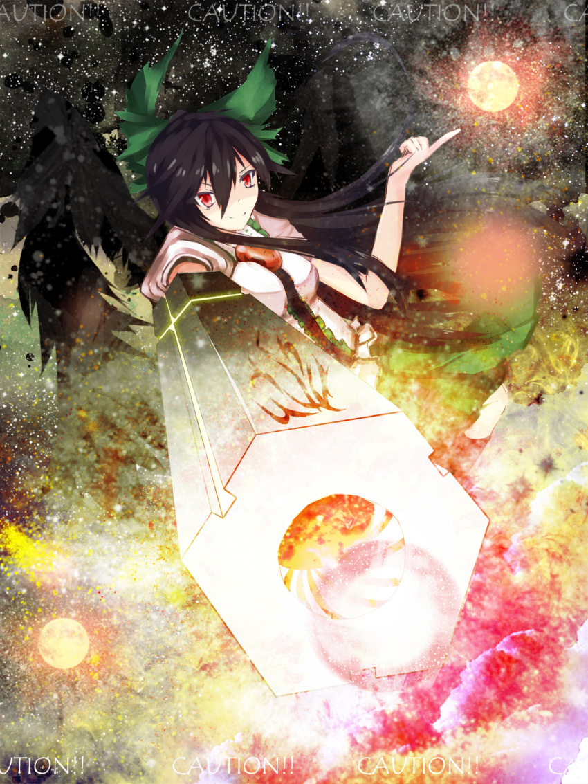arm_cannon bird_wings black_hair black_wings bow cape firing_at_viewer hair_bow highres index_finger_raised long_hair looking_at_viewer red_eyes reiuji_utsuho smirk sora_(cautionutuho) tagme touhou weapon wings