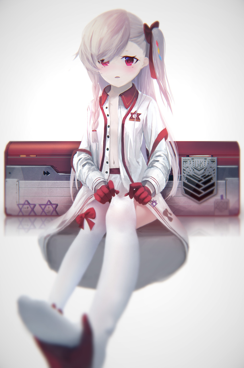 1girl absurdres asymmetrical_bangs bangs blurry blush bow braid depth_of_field dress girls_frontline grey_hair hair_bow hair_ribbon hexagram highres long_hair looking_at_viewer mienthoa navel negev_(girls_frontline) one_side_up open_clothes open_dress parted_lips purple_bow purple_ribbon ribbon side_braid sitting soles solo star_of_david swept_bangs thigh-highs violet_eyes white_legwear