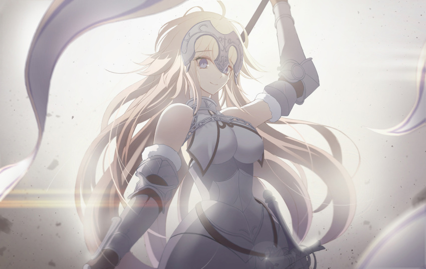 1girl ahoge arm_up backlighting bangs banner bare_shoulders blonde_hair blue_eyes blurry breasts chains closed_mouth depth_of_field eyebrows_visible_through_hair fate/grand_order fate_(series) fur_trim grey_background halterneck headpiece highres holding inho_song large_breasts lens_flare long_hair looking_at_viewer plackart ruler_(fate/apocrypha) smile solo sword vambraces very_long_hair weapon