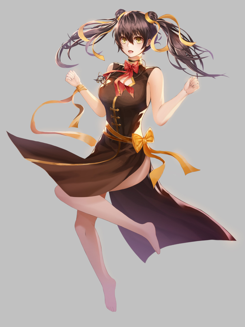 :o absurdres barefoot brown_dress brown_hair china_dress chinese_clothes double_bun dress full_body grey_background highres jewelry necklace twintails v_arms yagyun yellow_eyes