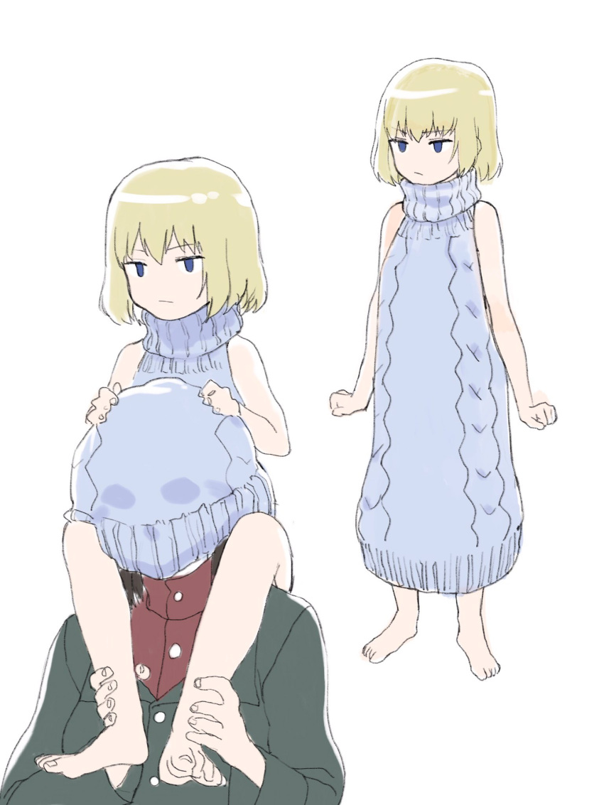 2girls blonde_hair carrying covered_face empty_eyes girls_und_panzer highres katyusha kito_(sakerukito) leg_hold meme_attire multiple_girls nonna oversized_clothes pravda_military_uniform short_hair shoulder_carry virgin_killer_sweater white_background