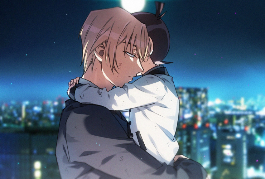 2boys amuro_tooru black_jacket blonde_hair blue_eyes blurry blurry_background brown_hair child cityscape closed_eyes closed_mouth commentary_request edogawa_conan from_side full_moon half-closed_eyes highres hug jacket k_(gear_labo) long_sleeves looking_down male_focus meitantei_conan moon multiple_boys night night_sky outdoors profile scratches short_hair sky star_(sky) white_jacket