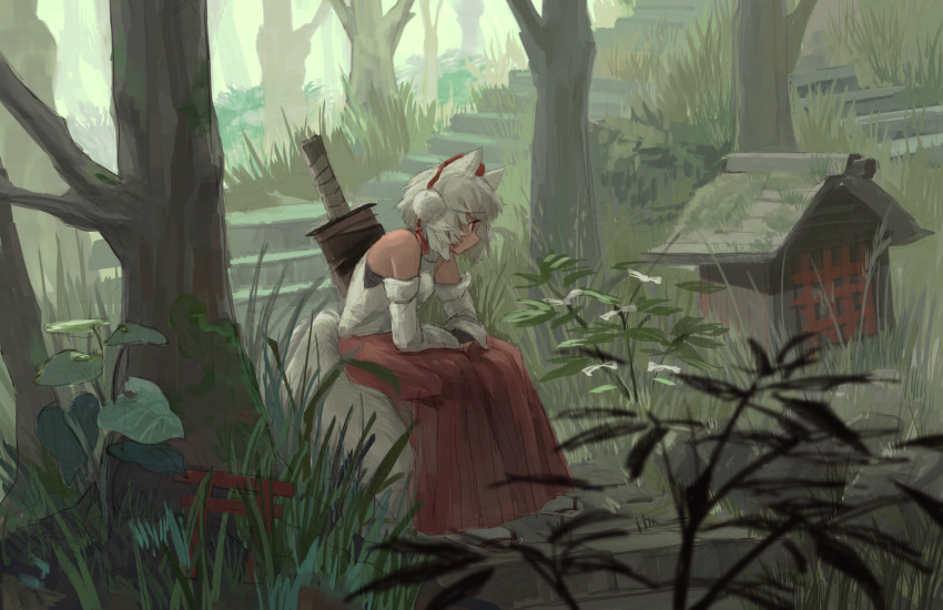 1girl animal_ears arm_support bare_shoulders day detached_sleeves forest full_body grass hat highres inubashiri_momiji japanese_clothes leaf leaning_forward long_skirt nature outdoors pom_pom_(clothes) pororikin red_eyes red_skirt sheath sheathed shirt short_hair sitting sitting_on_stairs skirt sleeveless sleeveless_shirt solo stairs stone_stairs sword sword_hilt tail tokin_hat touhou tree weapon weapon_on_back white_hair white_shirt wide_sleeves wolf_ears wolf_tail