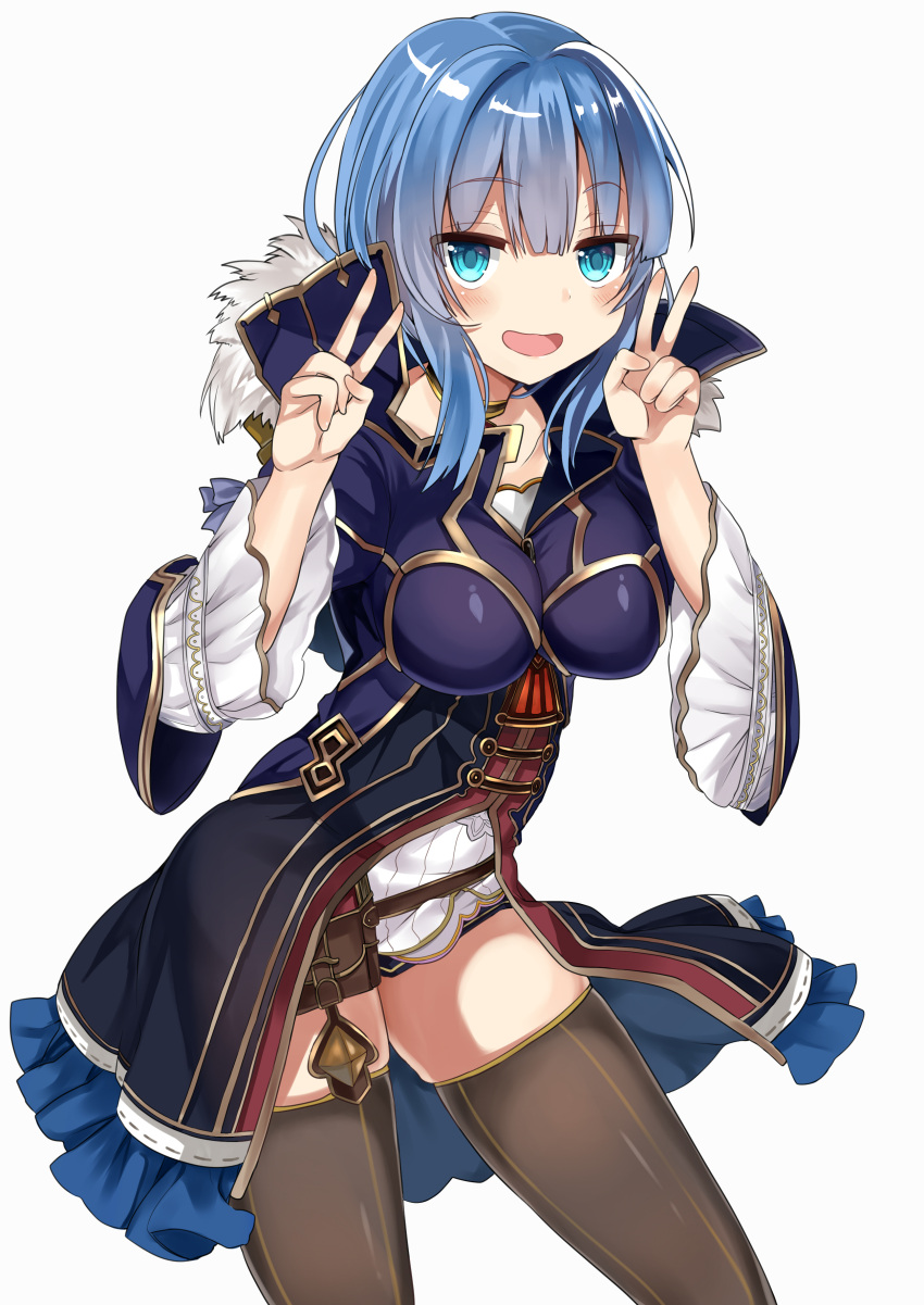 1girl absurdres blue_eyes blue_hair blush breasts brown_legwear character_request collarbone double_v eyebrows_visible_through_hair grimms_notes highres large_breasts looking_at_viewer open_mouth retsuto smile solo thigh-highs v