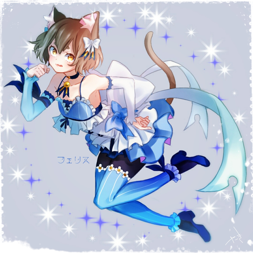 1boy :3 :q animal_ears ankle_ribbon arm_ribbon armpits bangs bare_shoulders black_legwear blue_bow blue_choker blue_dress blue_legwear blue_ribbon blue_shoes bob_cut bolo_tie bow bow_dress brown_hair cat_ears cat_tail character_name choker closed_mouth collarbone commentary_request detached_sleeves dot_nose dot_pupils dress dress_bow eyelashes felix_argyle frilled_dress frilled_legwear frills front-tie_top full_body grey_background hair_between_eyes hair_bow hair_ribbon hand_on_hip hand_up high_heels highres jewelry large_bow layered_dress leaning_forward leg_up lips looking_at_viewer male_focus otoko_no_ko pantyhose parted_bangs paw_pose pendant re:zero_kara_hajimeru_isekai_seikatsu ribbon shoes short_dress short_eyebrows short_hair simple_background solo spaghetti_strap sparkle striped striped_legwear striped_ribbon tail thick_eyebrows thigh-highs thighhighs_over_pantyhose toeless_legwear tongue tongue_out translated vertical-striped_dress vertical-striped_legwear vertical_stripes white_bow