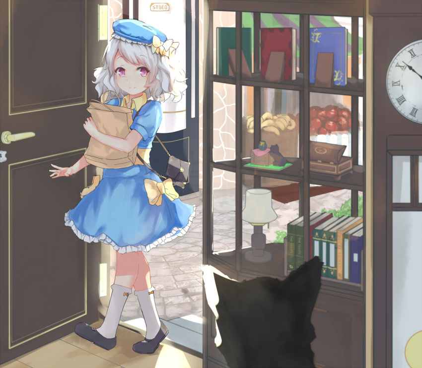 1girl animal bag blush bow cang_you_xi cat clock closed_mouth eyebrows_visible_through_hair handbag holding_bag kneehighs looking_at_viewer original puffy_short_sleeves puffy_sleeves short_hair short_sleeves smile solo violet_eyes white_hair white_legwear yellow_bow