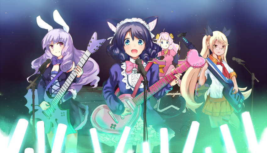 4girls animal_ears bell black_hair black_ribbon blonde_hair blue_eyes blush bow cang_you_xi cat_ears chuchu_(show_by_rock!!) closed_mouth cyan_(show_by_rock!!) drum drum_set eyebrows_visible_through_hair hair_ribbon holding holding_instrument instrument long_hair looking_at_viewer looking_away microphone microphone_stand moa_(show_by_rock!!) multiple_girls music open_mouth orange_skirt pink_bow pink_hair playing_instrument purple_hair rabbit_ears retoree ribbon short_hair show_by_rock!! sitting skirt smile twintails violet_eyes