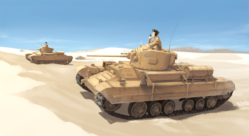 beret desert ground_vehicle hat headphones military military_uniform military_vehicle motor_vehicle original rokuwata_tomoe tank uniform valentine_(tank)