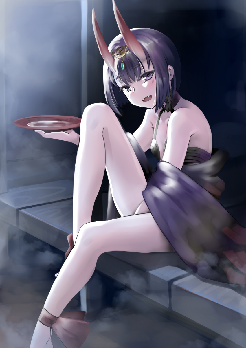 1girl absurdres alcohol ankle_ribbon bare_legs bare_shoulders breasts cup fangs fate/grand_order fate_(series) hair_ornament highres horns japanese_clothes kimono looking_at_viewer night oni_horns open_mouth outdoors purple_hair red_ribbon ribbon sakazuki sake short_hair shuten_douji_(fate/grand_order) sitting small_breasts smile solo violet_eyes yonago_miko