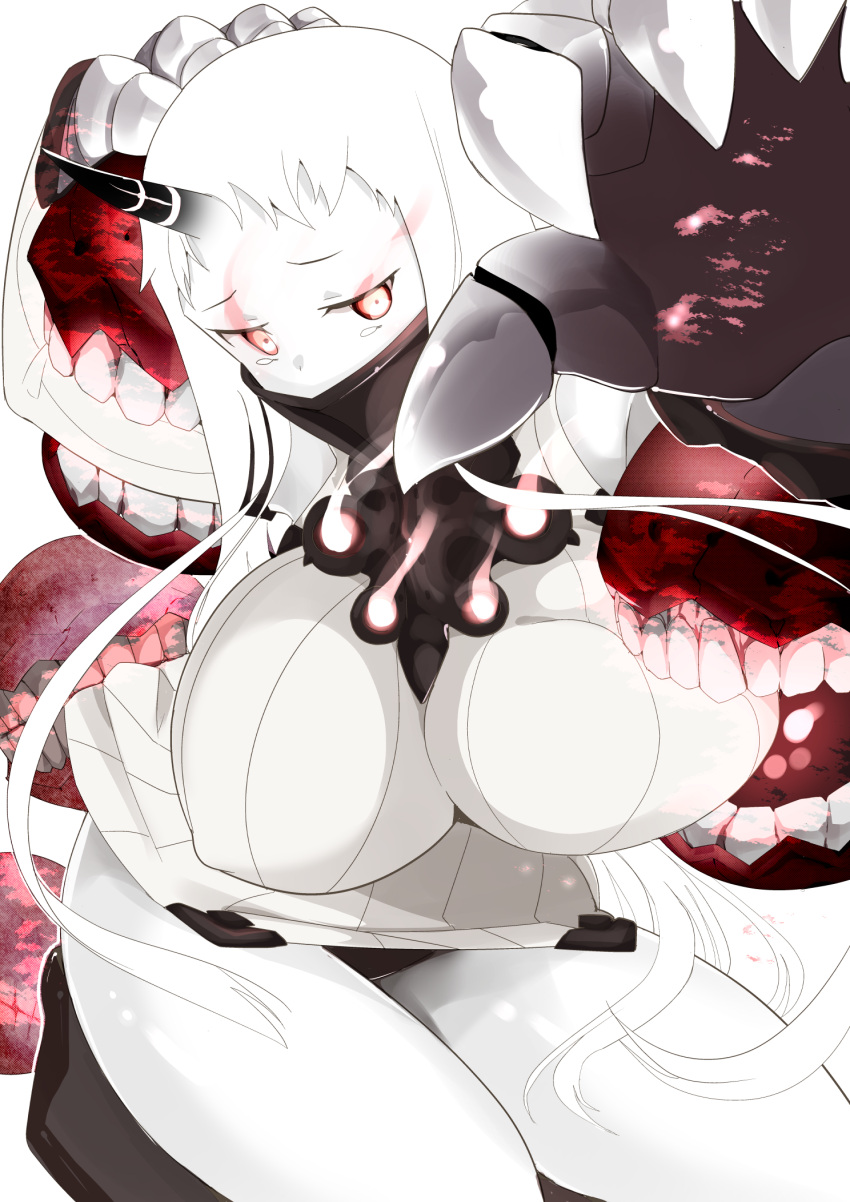 1girl breasts claws covered_mouth detached_sleeves dress highres horn huge_breasts kantai_collection long_hair mittens pale_skin red_eyes ribbed_dress ribbed_sweater seaport_hime shinkaisei-kan shiyoo short_dress solo sweater sweater_dress very_long_hair white_dress white_hair white_skin