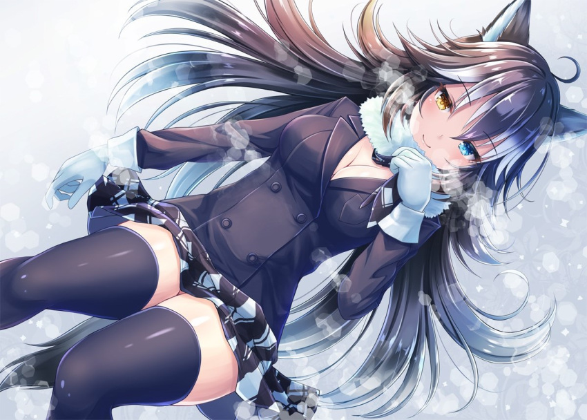 1girl ahoge akashio_(loli_ace) animal_ears black_hair black_legwear black_necktie black_skirt blazer blue_eyes breasts breath buttons cleavage commentary_request eyebrows_visible_through_hair fur_collar gloves grey_wolf_(kemono_friends) heterochromia jacket kemono_friends long_hair long_sleeves looking_at_viewer lying miniskirt multicolored_hair necktie on_back skirt smile snow solo tail thigh-highs two-tone_hair white_gloves white_hair wolf_ears wolf_tail yellow_eyes