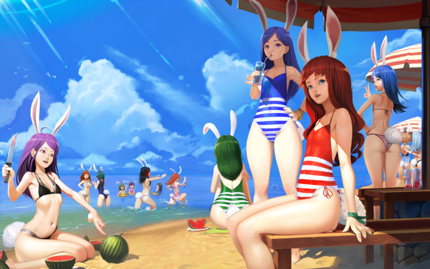 6+girls animal_ears ass bad_hands beach beach_umbrella bikini bikini_top_removed black_bikini blue_eyes blue_hair brown_hair bunny_tail casual_one-piece_swimsuit clothes_theft clouds cup day drinking drinking_glass elin_(tera) flat_chest food fruit green_hair hand_on_hip hand_on_own_head innertube knife long_hair multiple_girls navel ocean ochrejelly one-piece_swimsuit open_mouth outdoors pointing purple_hair rabbit_ears running school_swimsuit sitting sky smile standing striped striped_bikini striped_swimsuit swimsuit tail tera_online theft topless umbrella v violet_eyes wading water watermelon