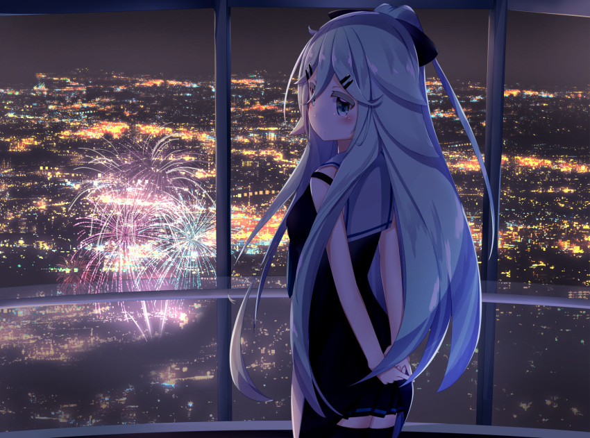 1girl arms_behind_back black_legwear blush cityscape commentary_request cowboy_shot crying crying_with_eyes_open fireworks from_behind green_hair hair_ornament hairclip highres kantai_collection lauryl long_hair looking_back night sailor_collar sleeveless smile solo standing tears thigh-highs yamakaze_(kantai_collection) zettai_ryouiki