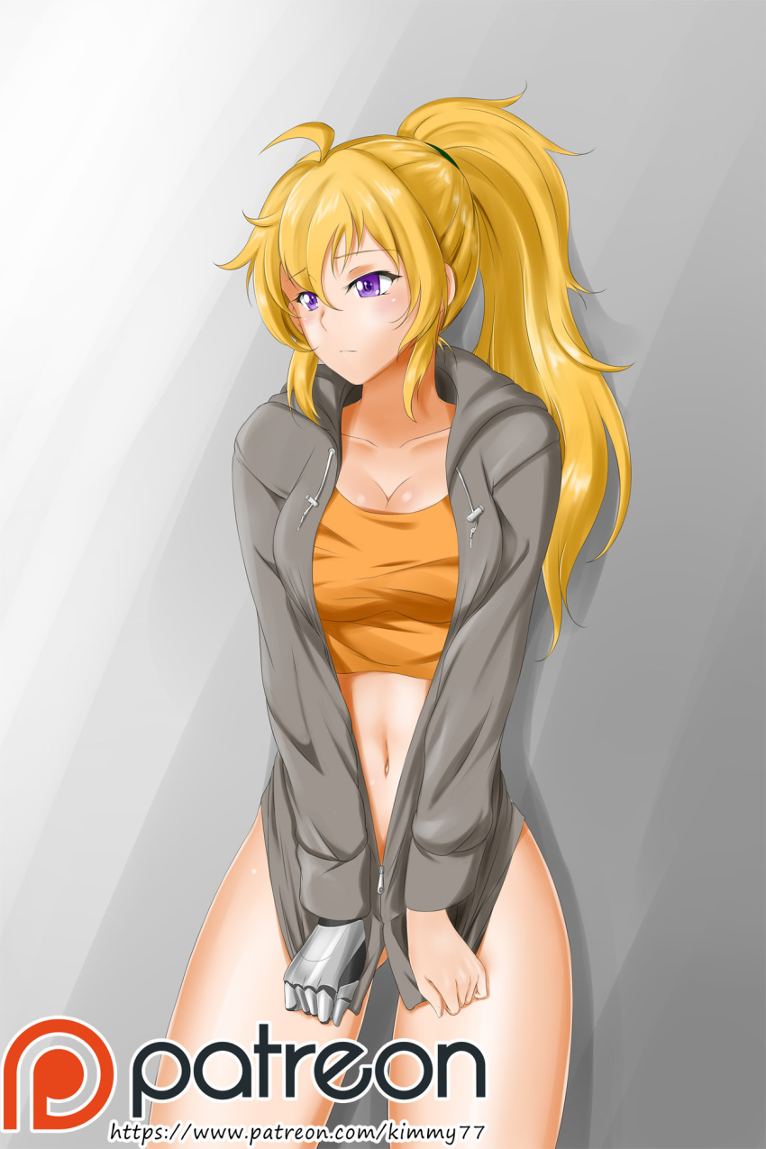 1girl :| ahoge alfred_cullado ass_visible_through_thighs blush breasts cleavage closed_mouth clothes_pull cowboy_shot drawstring grey_background high_ponytail highres hood hoodie large_breasts long_ponytail looking_away mechanical_hand midriff navel patreon_logo ponytail rwby solo spoilers tank_top thighs violet_eyes watermark web_address yang_xiao_long zipper zipper_pull_tab
