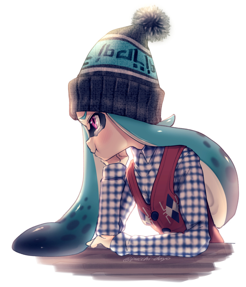 1girl :t absurdres aqua_hair blue_hat blue_shirt bobblehat chin_rest closed_mouth collared_shirt from_side frown hat highres inkling long_hair long_sleeves plaid plaid_shirt pout print_hat print_vest puchiman red_vest shirt sitting solo splatoon tearing_up twitter_username vest violet_eyes white_background
