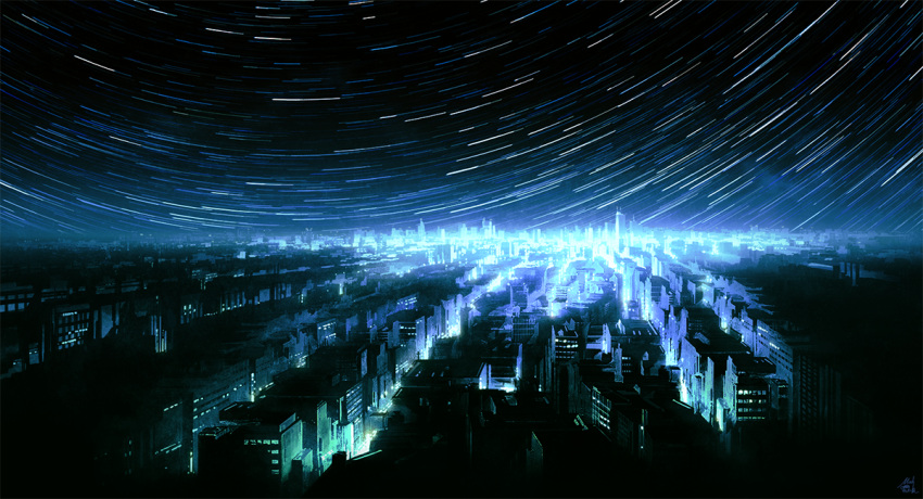 building city cityscape long_exposure mocha_(cotton) night night_sky no_humans original scenery sky